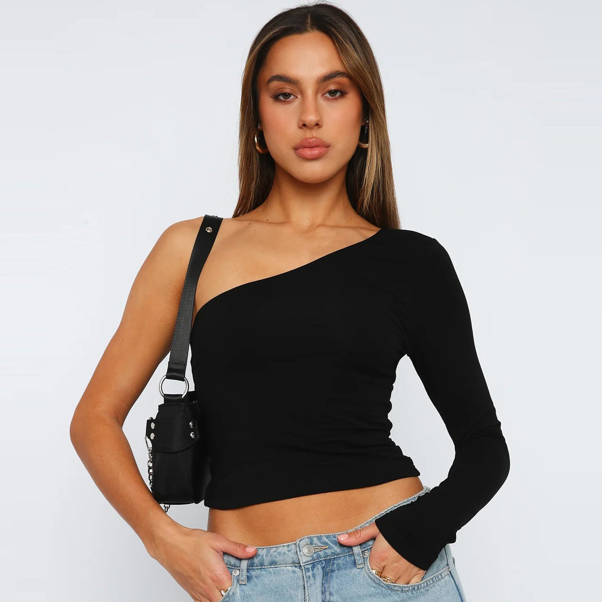 Women Fashion Casual Solid Color Oblique Shoulder Long Sleeve Crop Top