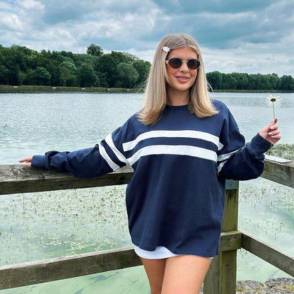 Women Casual Stripe Round Neck Loose Blank Sweatshirts