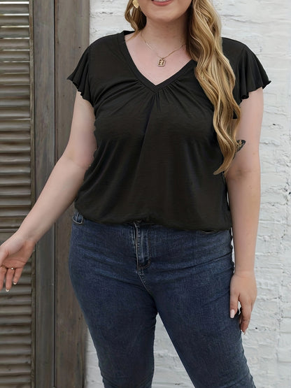 Women Fashion Casual Plus Size Solid Color V-Neck Short Sleeve T-Shirt