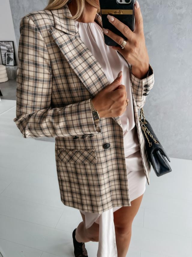 Chaqueta de traje informal de manga larga con estampado de pata de gallo y cuadros para mujer