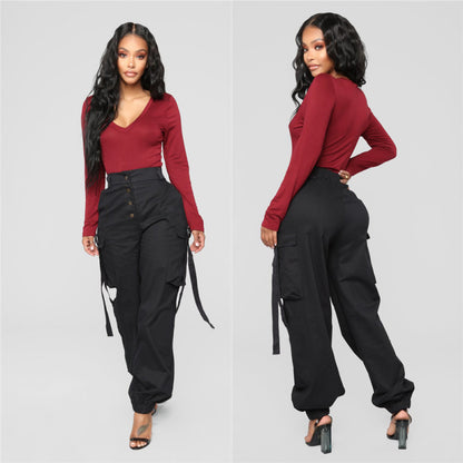 Pantalones deportivos casuales de cintura media con botones y múltiples bolsillos para mujer