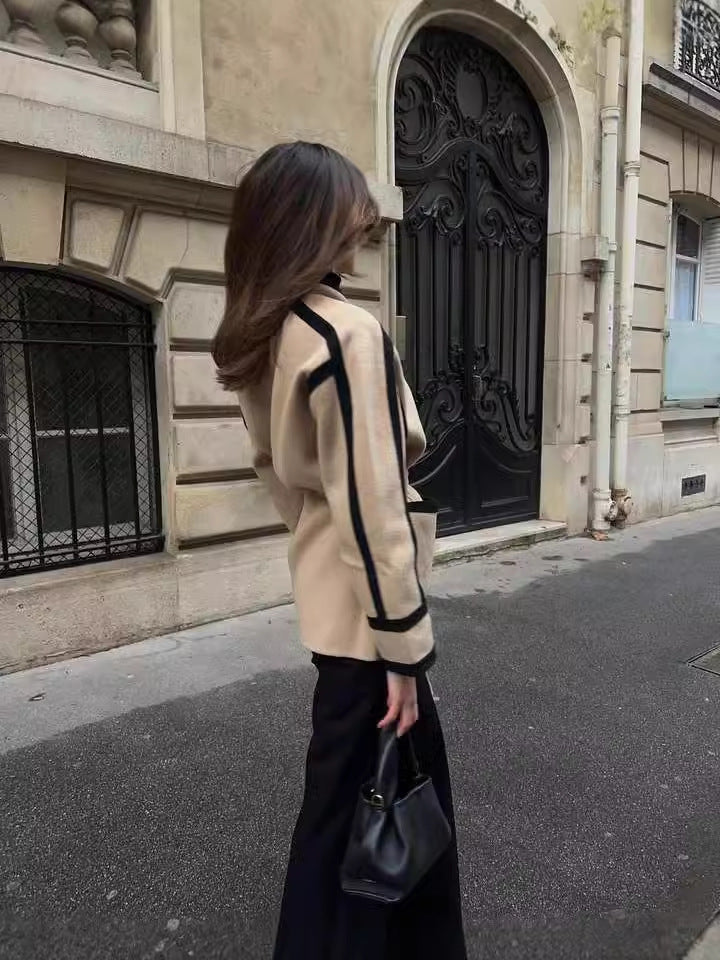 Abrigo informal de lana de doble cara con cordones y manga larga para mujer, otoño e invierno