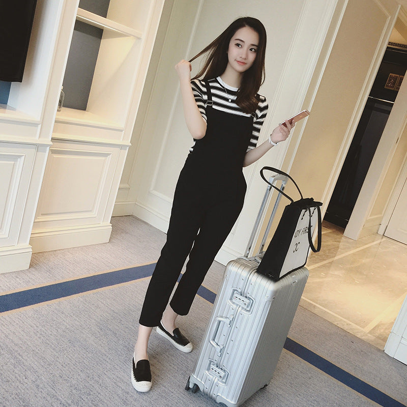 Women Casual Loose Striped Half Sleeve T-Shirt And Suspender Jumpsuit Pants Set
