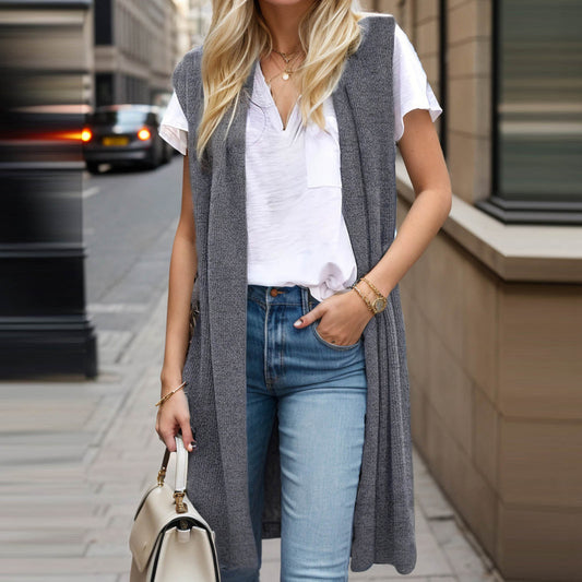 Women Solid Color Casual Sleeveless Knitted Vest Jacket