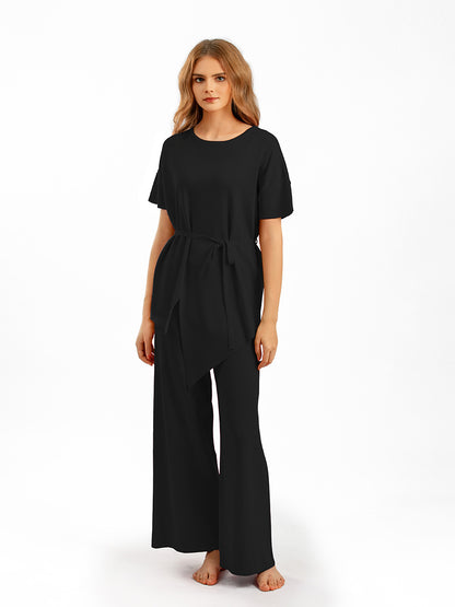 Conjunto de dos piezas de pantalón ancho y top irregular de color liso informal a la moda para mujer