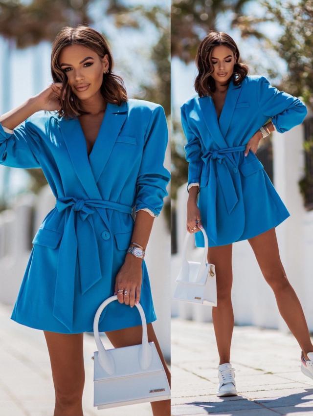 Chaqueta blazer informal de manga larga con tirantes y color liso para mujer