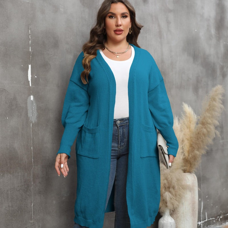 Suéter de punto con bolsillos de color liso para mujer, informal, de talla grande, para invierno y otoño