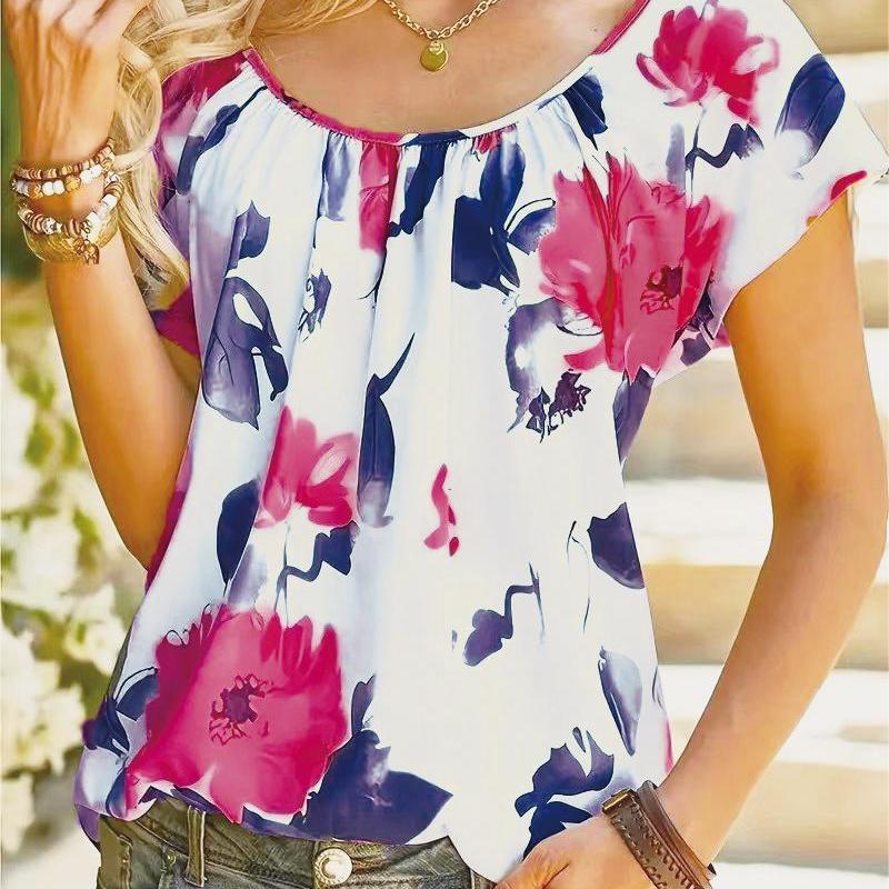 Blusa informal de verano con estampado floral y cuello redondo y manga corta para mujer