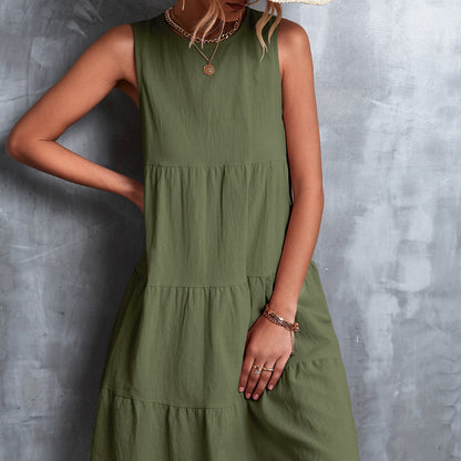 Women Spring And Summer Casual Basic Round Neck Loose Big Swing Dress