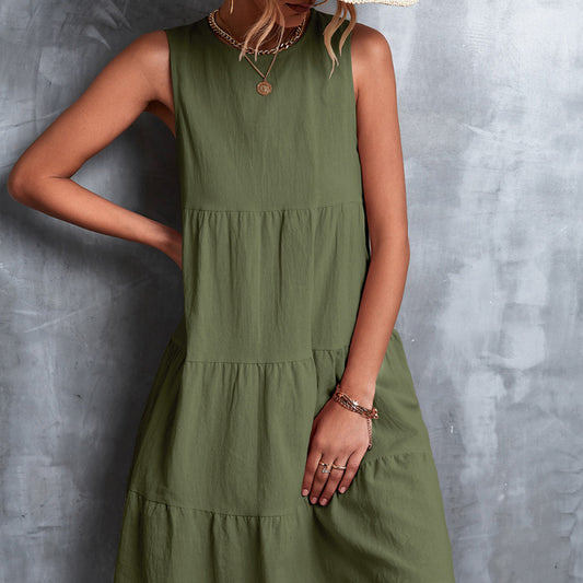 Women Spring And Summer Casual Basic Round Neck Loose Big Swing Dress