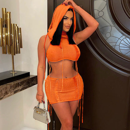 Conjunto de top corto de punto con capucha, falda y pantalones cortos de playa, informal, sin mangas y sexy para mujer