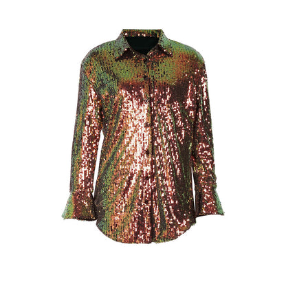 Blusa informal de lentejuelas de manga larga con solapa y color liso para mujer
