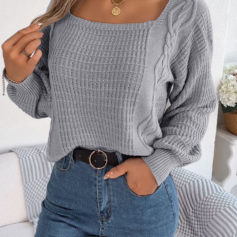 Autumn Winter Women Fashion Casual Solid Color Square Collar Twist Lantern Sleeve Knitted Sweater