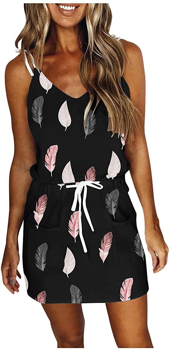 Women Casual Feather Printed Strap Dress