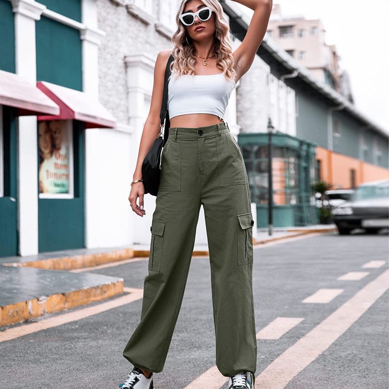 Summer Casual Women Plus Size Button High Waist Wide Leg Cargo Pants