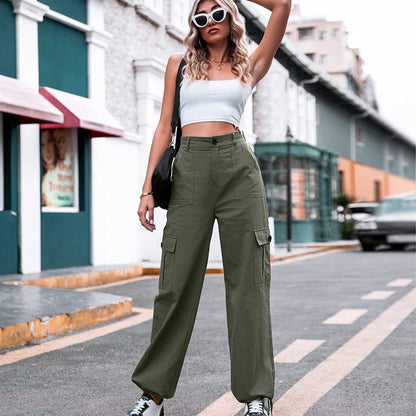 Summer Casual Women Plus Size Button High Waist Wide Leg Cargo Pants