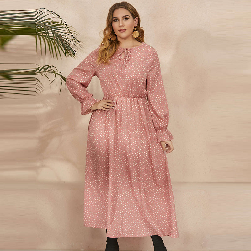 Women Fashion Casual Plus Size Polka Dot Print Long Sleeve Dress
