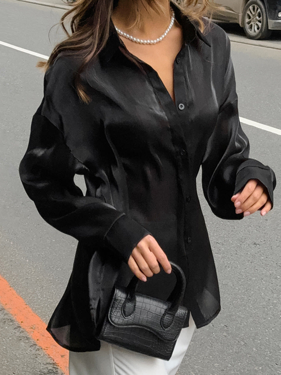 Camisa informal de manga larga con solapa de color liso a la moda para mujer