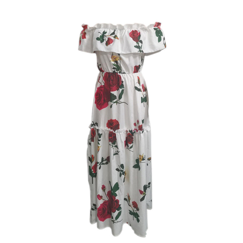Women Fashion Casual Vacation Floral Printed Off-Shoulder Pleated Dress