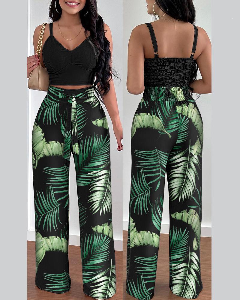 Conjunto de dos piezas para mujer, con top corto, pantalones holgados con cordones y estampado floral informal