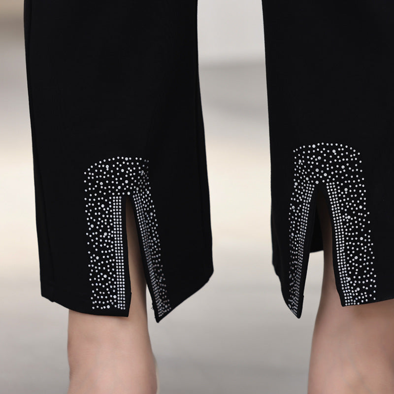 Women Fashion Casual High Waist Rhinestone Plus Size Pants