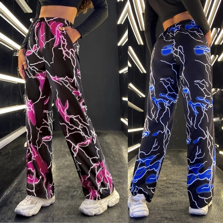 Women Fashion Casual Lightning Priningt Loose Straight-Leg Pants