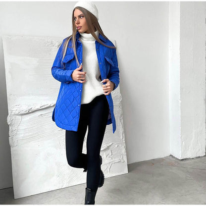 Autumn Winter Women Fashion Casual Loose-Breasted Lapel Warm Rhombic Quilted Jacket Coat