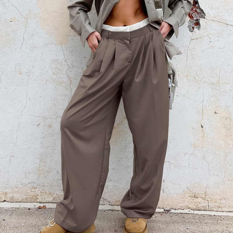 Women Fashion Casual Solid Color Straight Loose Suit Pants