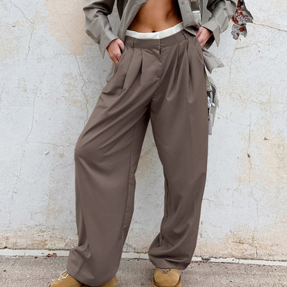 Women Fashion Casual Solid Color Straight Loose Suit Pants