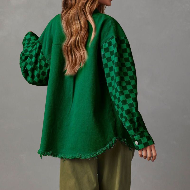 Abrigo vaquero informal holgado con bloques de color a cuadros para mujer