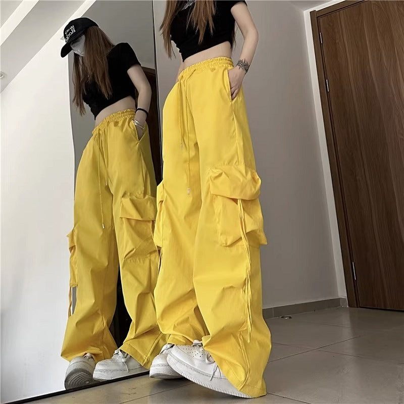 Women Casual Solid Color Pocket High Waist Straight Cargo Pants