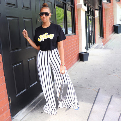 Pantalones anchos de cintura alta con estampado de rayas informales a la moda para mujer