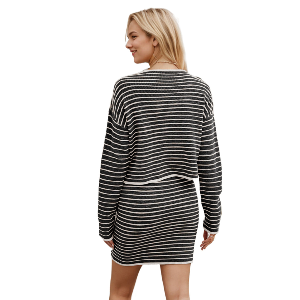 Conjunto de suéter y falda informal a rayas para mujer, cárdigan de punto para otoño e invierno, para oficina