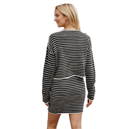 Conjunto de suéter y falda informal a rayas para mujer, cárdigan de punto para otoño e invierno, para oficina
