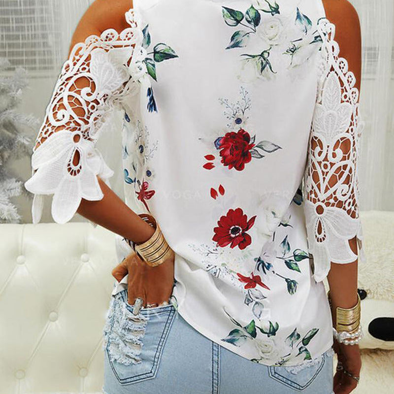 Blusa informal de verano para mujer, con estampado floral, hombros descubiertos, encaje y patchwork, de manga larga