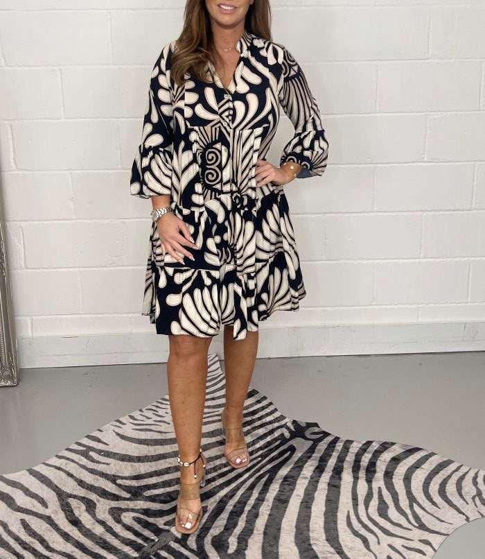 Casual Boho Women Graphic Print V Neck Loose Shirt Dress