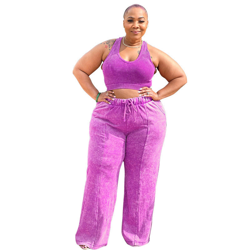 Casual Fashion Plus Size Women Athleisure Solid Color Crop Top And Pants Set