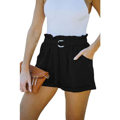 Women Loose Waist Strap Pocket Solid Color High Waist Casual Shorts