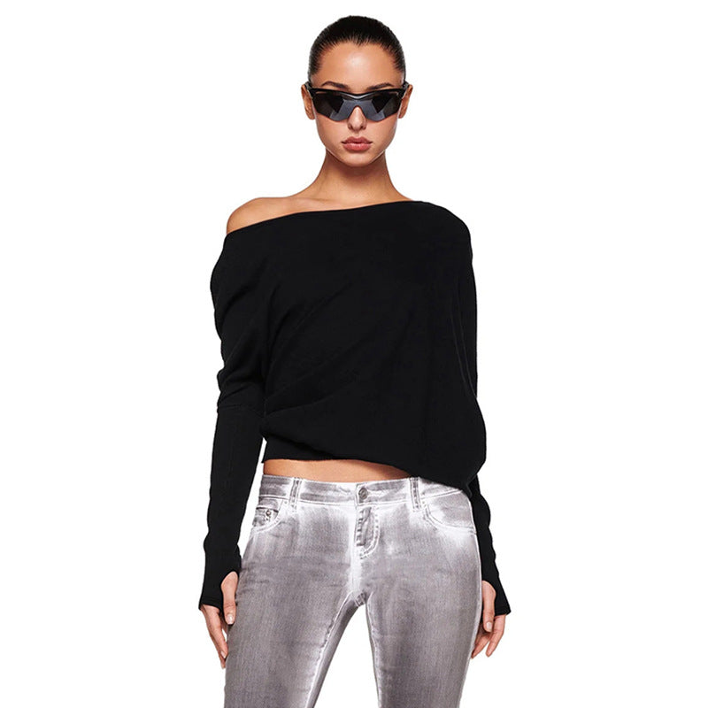 Camiseta holgada informal de manga larga con hombros oblicuos para mujer