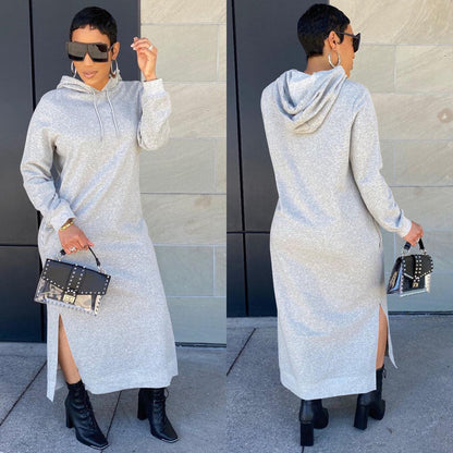 Winter Women Fashion Casual Solid Color Hooded Dress