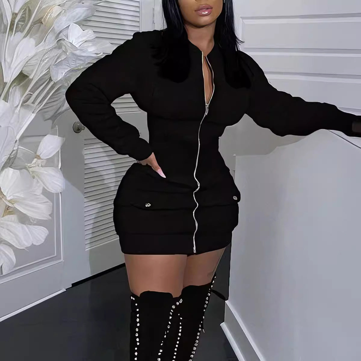 Women Fashion Casual Solid Color Long Sleeve Zipper Pockets Dress