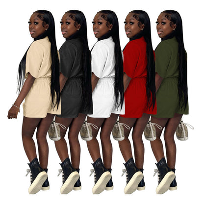Women Summer Casual Style Single Breasted Buckle Pocket Short Sleeve Solid Cargo Rompers