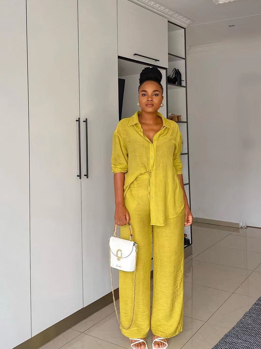 Conjunto de dos piezas formado por camisa, pantalón y top de manga larga con solapa, informal, a la moda para mujer