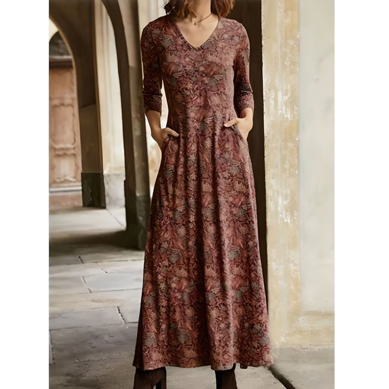Women Fashion Casual Printed V-Neck Pocket Long Sleeve Maxi Dress
