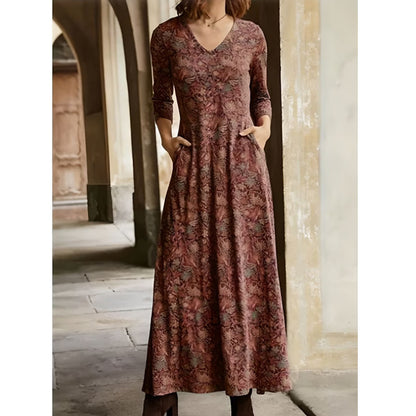 Women Fashion Casual Printed V-Neck Pocket Long Sleeve Maxi Dress