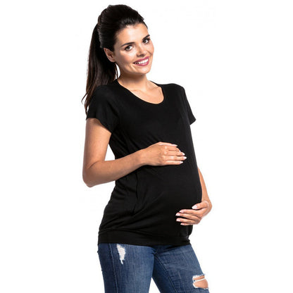 Pregnant Women Casual Solid Color Round Neck Short Sleeve Breastfeeding T-Shirt
