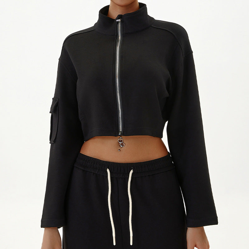 Women Fashion Casual Loose Long-Sleeve Zipper Jacket Pocket Drawstring Pants Sports Two-Piece Set