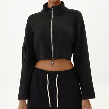 Women Fashion Casual Loose Long-Sleeve Zipper Jacket Pocket Drawstring Pants Sports Two-Piece Set