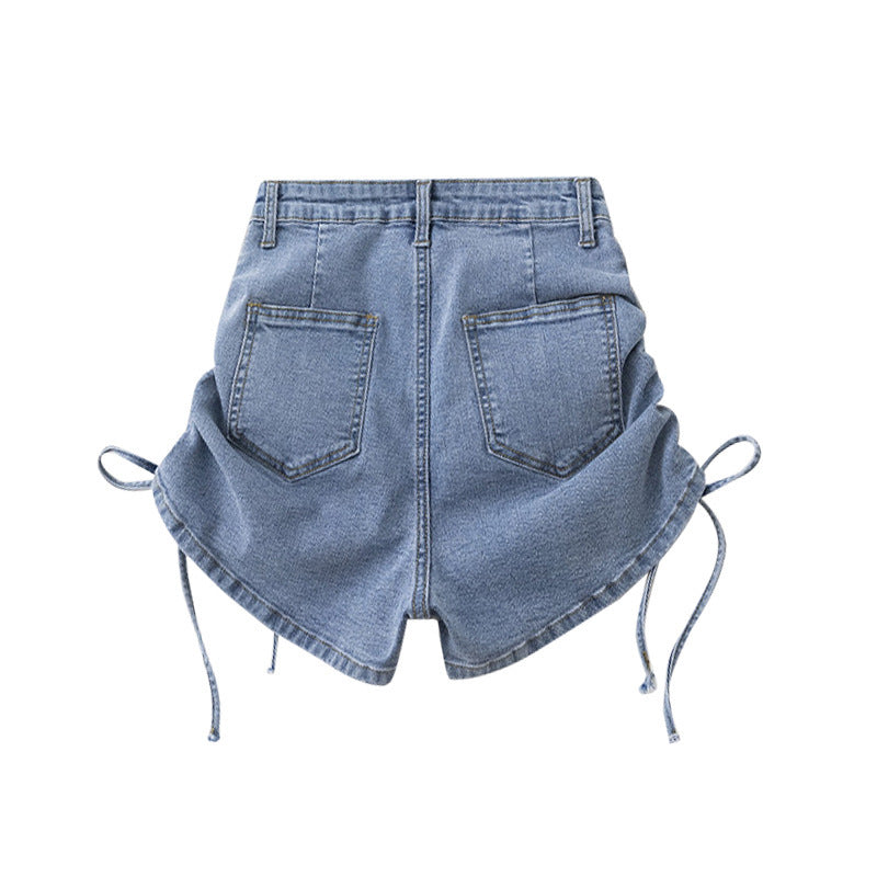Women Fashion Casual Solid Color Drawstring Denim Shorts