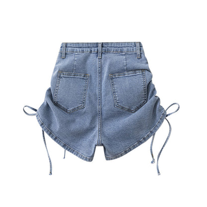 Women Fashion Casual Solid Color Drawstring Denim Shorts